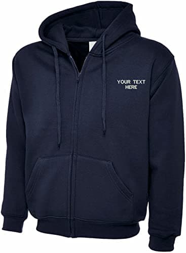 Image of Personalised Embroidered Your Text Classic Full Zip Hooded Sweatshirt Sports Casual Workwear Unisex Adult Gift Top(L, Navy)