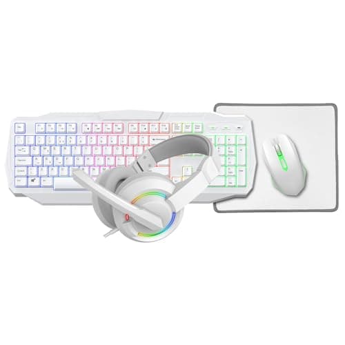 Image of CiT Scorpion 4-in-1 Gaming Kit, Wired Keyboard (UK Layout) & Mouse with Headset and Mouse Pad, Rainbow LED Backlit, Multimedia Keys, 2400 DPI, Rainbow LED Gaming Bundle For Windows | White