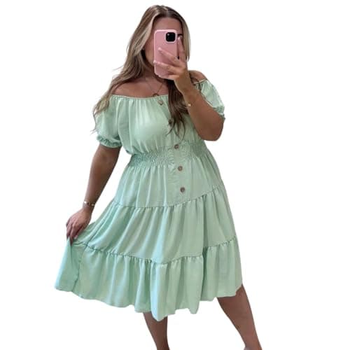 Image of Women’s Magic Button Midi Dress Plain Casual Short Sleeve Elasticated Off Shoulder Sundress Swing Basic Italian Solid Color Summer Dress for Women Plus Size (Mint Green, UK 12-24)