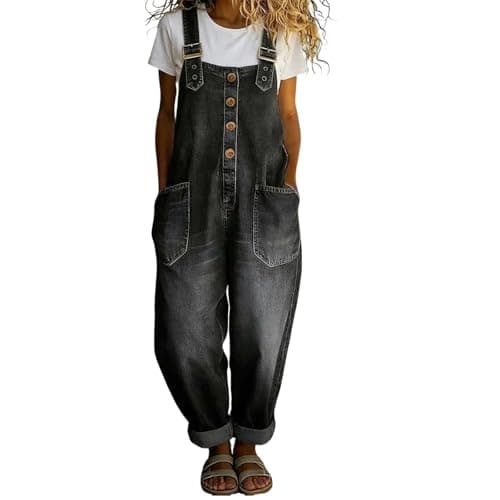 Image of Black Jean Jumpsuits for Women UK Loose Fit Sleeveless Button Front Straight Leg Casual Roll-Up Cotton Washed Denim Jumpsuits for Women UK