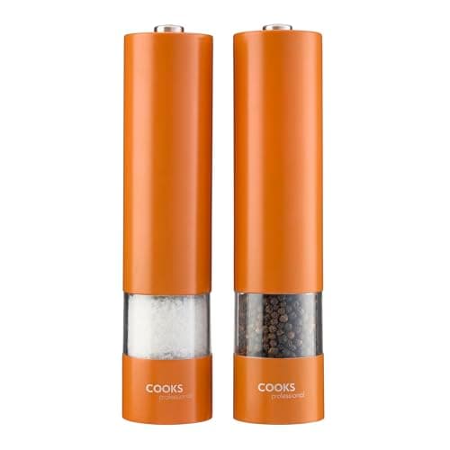 Image of Cooks Professional Electric Salt and Pepper Mill Set | Battery Operated Automatic Grinders with Adjustable Course & Fine Grinding & One Touch Operation | Condiment Seasoning Grinder | Orange