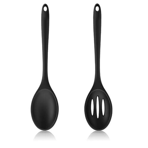 Image of 2 Pcs Silicone Serving Spoon Set, Black Silicone Serving Spoon & Slotted Spoon, Nonstick Kitchen Spoon Heat-Resistant Cooking Spoons for Stirring, Scooping, Draining and Mixing, Durable Nylon Core