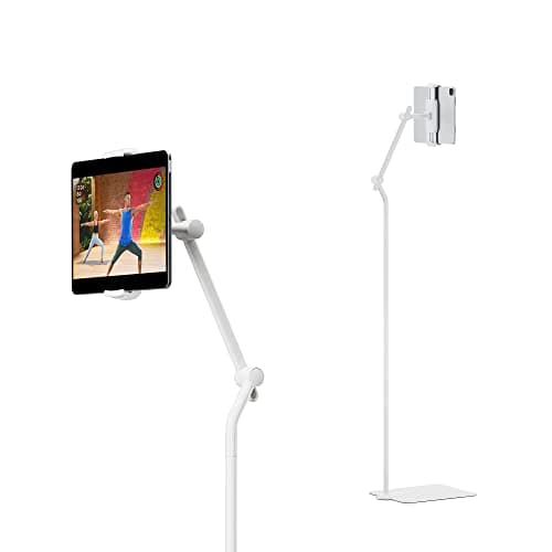 Image of Twelve South HoverBar Tower | Multi-Angle Universal Tablet & iPad Floor Stand Holder For Apple Fitness+, Peloton/Stationary Bikes, Exercise and More (White)