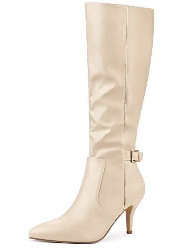 Image of Allegra K Women's Buckle Decor Stiletto Heel Knee High Boots Beige 8 UK/Label Size 10 US