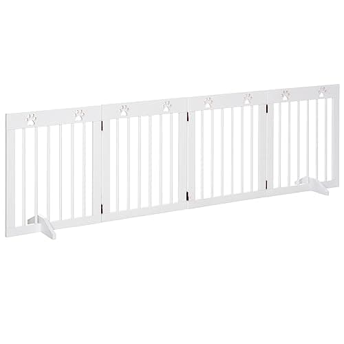 Image of PawHut Freestanding Pet Gate 4 Panel Wooden Dog Barrier Folding Safety Fence with Support Feet up to 204cm Long 61cm Tall for Doorway Stairs White