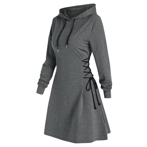 Image of KBOPLEMQ Hoodie Dress Women's Bodycon Dress Long Sleeve Mini Dress with Drawstring Winter Autumn Dress Corset Dress with Lacing Sweatshirt Dress Long Jumper Dress Tunic Bodycon Dress, O Dark Grey, S