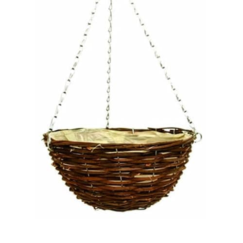 Image of Wicker Basket Planter – Natural Rattan & Willow Flower Pot with Polythene Liner & Metal Hanging Chain – Decorative Indoor & Outdoor Garden Planter for Flowers (Hanging Basket 40cm, 16Inch x 1Pack)