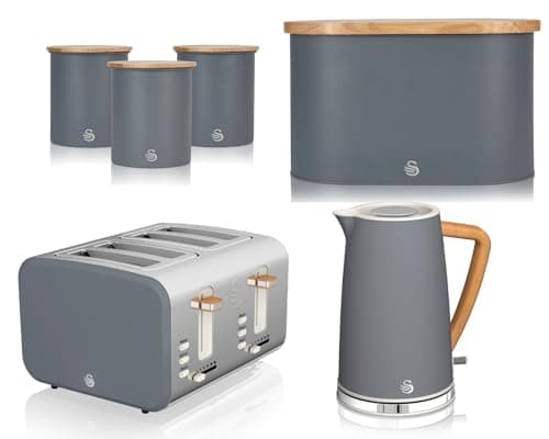 Image of Swan Nordic Grey 6-Piece Kitchen Set – 1.7L Jug Kettle, 4-Slice Toaster, Bread Bin & 3 Canisters, Scandinavian Inspired Slate Grey with Wood-Effect Accents