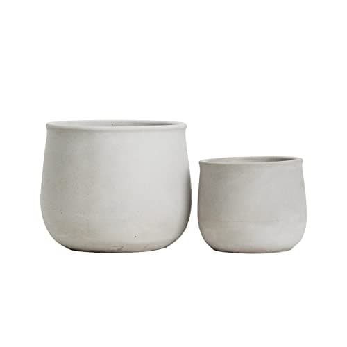 Image of Olly & Rose Mykonos Ceramic Plant Pot Set 2 Indoor Planters 17cm + 12cm - Natural Light Grey - Outdoor Flower Pots Cement Plant Pots Large and Small