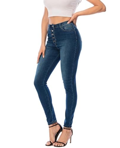 Image of ECUPPER Womens Jeans High Waist Skinny Fit Stretch Jeans Denim Trousers with Pockets Dark Blue L