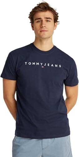 Image of Tommy Jeans Mens TJM Reg Linear Logo Tee Ext Dm0dm20744 S/S T-Shirt, Blue (Dark Night Navy), XL UK
