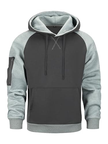 Image of Wirltte Men's Hoodie Pullover Long Sleeve Hooded Sweatshirt Patchwork Top Work Hoodies with Kangaroo Pocket Grey M