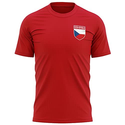 Image of Czech Football Shirt - Mens Czech Republic Retro Flag Badge T Shirt - Football European Country 2021 2020 Supporters Red Tee Him - Czechs Tournament Footy Soccer Top, XL, Red