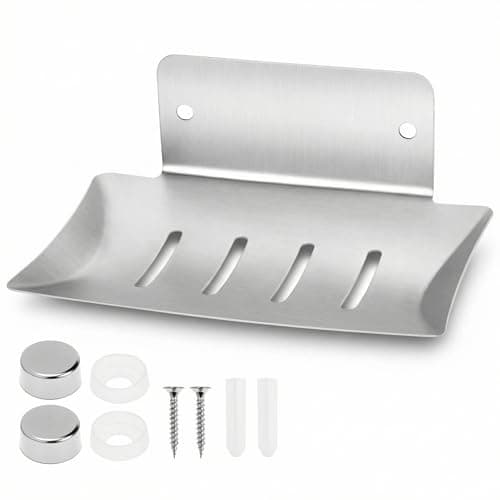 Image of QWORK® 304 Stainless Steel Soap Dish Tray with Drain Hole Design - Rustproof Shower Soap Holder Sink Sponge Holder - Brushed Silver