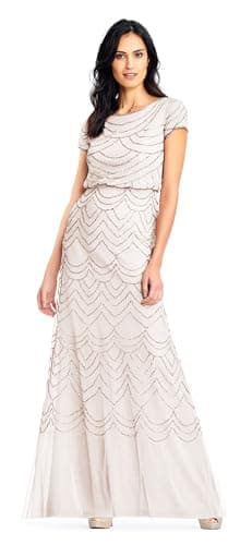 Image of Adrianna Papell Women's Short Sleeve Blouson Beaded Gown Special Occasion Dress, Blush/Gold, 12