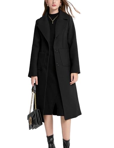 Image of Sukany Women's Winter Casual Notch Lapel Wool Blend Coat Single Breasted Mid Long Pea Coat Jacket (Black,S)