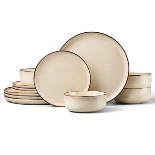 Image of HaWare Dinner Set, 12 Piece Stoneware Dinnerware Service for 4, Reactive Glaze Dining Ware Include Plates and Bowls, Chip and Scratch Resistant, Microwave & Dishwasher Safe, Cream Khaki