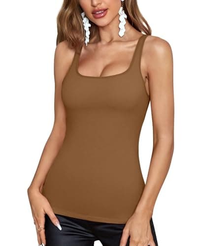 Image of V FOR CITY Women's Slim Fit Vest Shelf Bra Cotton Tank Top with Adjustable Strap Lightweight Gym Camis Top Brown M