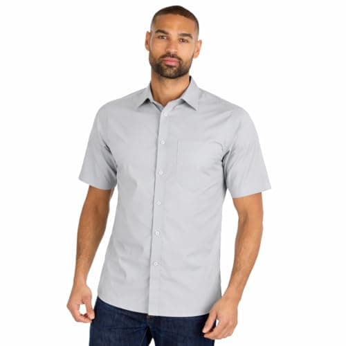 Image of Mens Short Sleeve Shirt Tailored Fit Easy Iron Collared Button Up Poplin Smart Casual Business Wedding Office Shirt (Light Grey, 16.5)