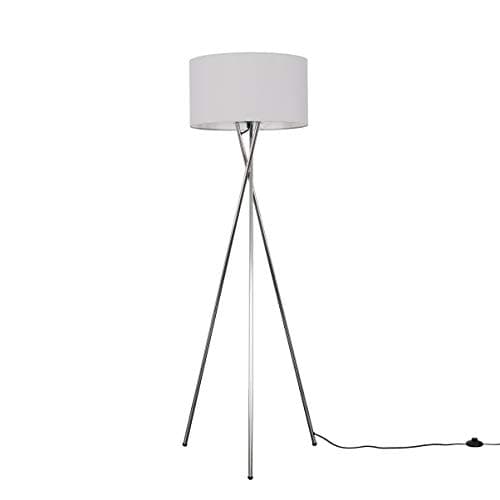 Image of MiniSun | Modern Polished Chrome Metal Tripod Floor Lamp with a Pale Grey Shade | Floor Lamps, Home Décor & Improvement Essential | Includes 1x 6W LED E27 Light Bulb with 3000K Colour Temperature