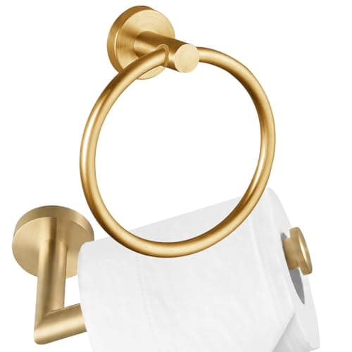 Image of Towel Ring & Toilet Paper Holder, 2 Piece Bathroom Hardware Set, Stainless Steel SUS304, Hand Towel Hanger & Toilet Roll Holder, Sturdy Bathroom Accessories for Home or Kitchen Gold