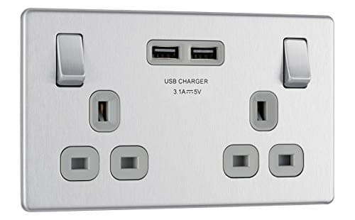 Image of BG Electrical Screwless Flat Plate Double Switched Power Socket with Two USB Charging Ports