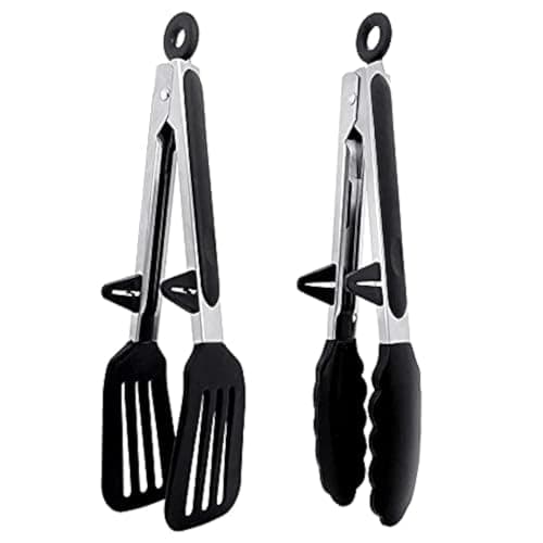 Image of Kitchen Silicone Tongs Set of 2 - 9 Inch Non-Slip Locking BBQ & Serving Tongs with Stainless Steel Handle