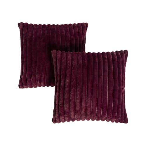 Image of OHS Faux Fur Cushion Covers 45 x 45cm, Ultra Soft Thick Ribbed Decorative Square Throw Pillow Covers with Invisible Zipper for Couch Living Room Bedroom 2 Pack, Burgundy