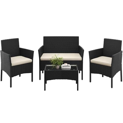 Image of Yaheetech 4-Piece Rattan Patio Furniture Set, Outdoor 4 Seater Patio Conversation Sets with Glass Top Coffee Table, Weather Resistant Garden Conversation Set for Patio, Backyard, Deck, Black/Beige