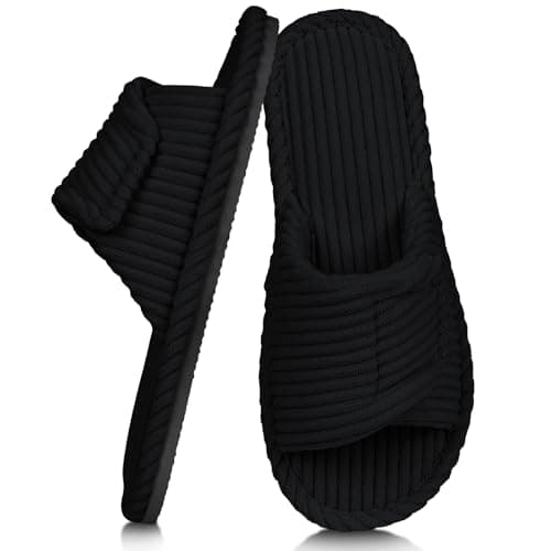 Image of Alaoo Ladies House Slippers Memory Foam, Adjustable Hook and Loop Corduroy Womens Slippers, Open Toe Cosy Non Slip Indoor Outdoor Home Slipper, Black 7-8UK