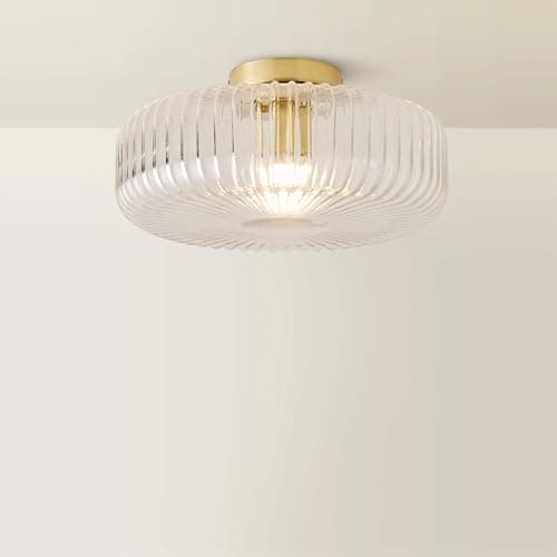Image of ValueLights | Calpe Antique Brass Large Clear Ribbed Glass Shallow Flush Ceiling Light | Ceiling Lights, Home Décor & Improvement Essential | Mains Wired
