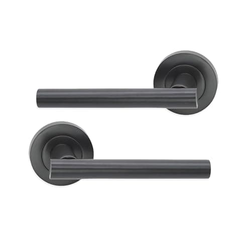 Image of LYRA Pair of T-Bar Straight Lever Door Handle on Round Rose Set Internal Pull Handles 130mm Gun Metal Grey Finish Ideal for Interior and Exterior Use