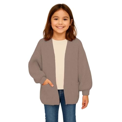 Image of janisramone® Girls Balloon Sleeve Cardigan with Pockets, Open Front Chunky Knitted Oversized Cardigan Comfortable Warm Winter Cardigans for Girls Age 7-13 Years Mocha