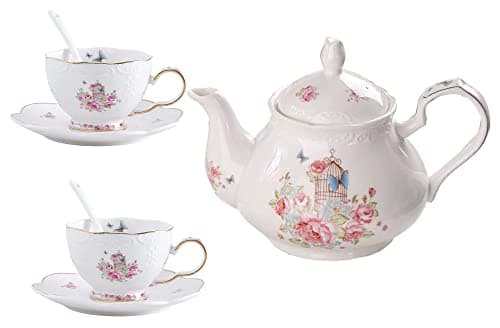 Image of YBK Tech Strength Porcelain Coffee Pot Ceramic Teapot- Pink Rose (Teapot+ 2 Sets of Cup and Saucer)