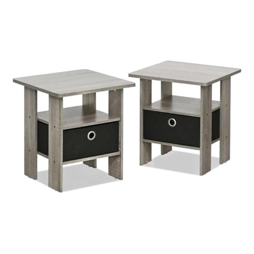 Image of Furinno ANDREY Side Table, Set of 2 End Table, Night Stand with Open Shelves and Storage Bin, Bedside Table, for Living Room, Bedroom, French Oak