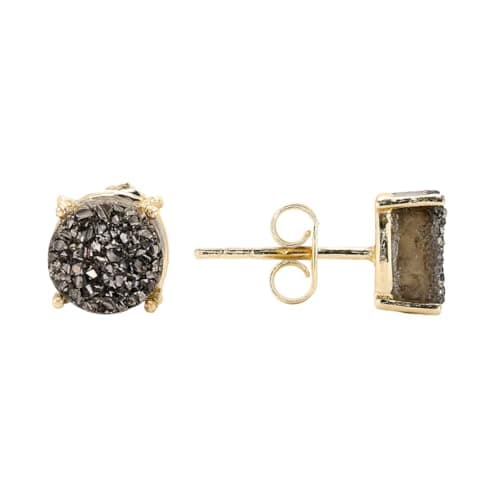Image of Gempires Grey Druzy Stud Earrings for Women – 14k Gold Plated Nail Set Prong Raw Crystal Studs Handmade Lightweight Gunmetal Gemstone Jewellery Hypoallergenic Minimal Birthstone Earrings Gift for Her