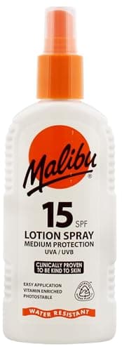 Image of Malibu Sun SPF 15 Lotion Spray, Medium Protection Sun Cream, Water Resistant, Vitamin Enriched, with Shea Butter Extract, 200ml