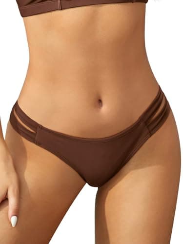 Image of SHEKINI Womens Bikini Bottoms Low Rise Brazilian Thong Strappy Swim Bottom Retro Basic Modest Coverage Swimwear Shorts High Cut, Copper Brown, XS