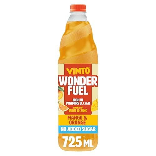 Image of Vimto Wonderfuel Squash – No Added Sugar – Vitamins B, C & D – Iron & Zinc – 725ml – Breakfast Functional Drink – Mango & Orange