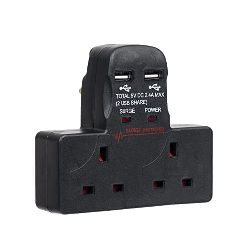 Image of Invero 2 Way Gang Cable-Free Multi-Plug 13A Wall Socket Adaptor with 2x USB Charging Ports 2.4A - Surge Protected - Neon Indicator - Black