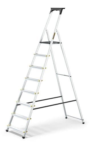 Image of Drabest PRO Series LADDERS Aluminum Step Ladder 8-Step Household Ladder 150 KG - Aluminum Step Ladder with Non-Slip Feet & Work Ladder Platform – Ladders Multi Purpose – 52 x 237 x 12 cm