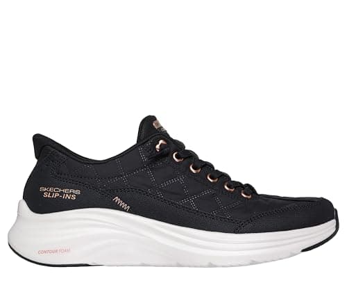 Image of Skechers Women's Contour Foam Golden Hour Slip-On Sneakers, Black Mesh/Duraleather/Leather/Rose Gold Trim, 4 UK