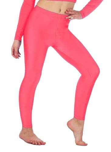 Image of Re Tech UK - Girls' Shiny Stretchy Dance & Gymnastics Leggings – Footless - Elastic Lycra Sportswear for Kids - Great for Gymnastic Outfits - Many Colours to Choose (7-8 Years, Neon Pink)