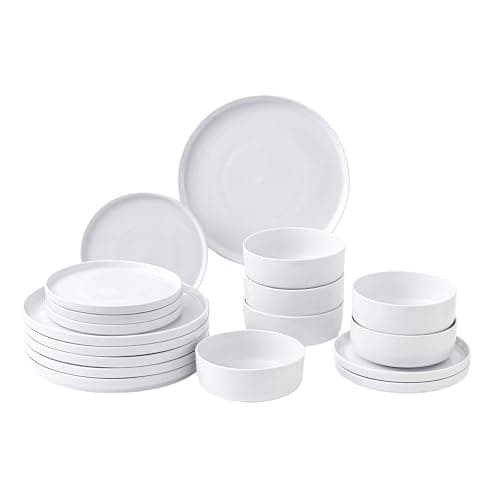 Image of simpa 18PC White Vertical Edge Porcelain Dinner Set, 6 Dinner Plates, 6 Side Plates & 6 Bowls, Dishwasher & Microwave Safe