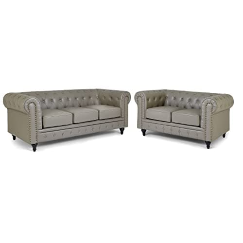 Image of Bravich Chesterfield Sofa Set | 2 & 3 Seater Suite | Faux Bonded Leather | Foam Seat Cushions | Scroll Arms | Button Studded Back | Living Room | Grey