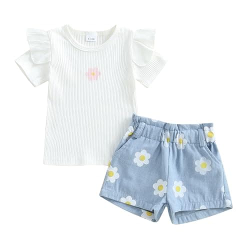 Image of XIXIMAON Toddler Baby Girl Summer Outfits Ruffle Short Sleeve Floral Print Ribbed Shirts Denim Shorts Set for Little Girls Kid Flower Pattern Clothes (White, 12-18 Months)