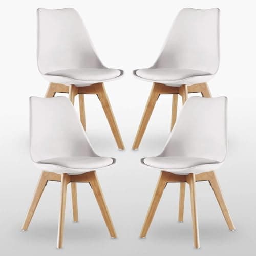 Image of P&N Homewares Retro Modern Dining Chairs – Lorenzo Plastic Chairs with Cushioned Pad Seat & Solid Beech Wooden Legs - Mid Century Side Chair for Dining Room Living Room Kitchen (Pack of 4, White)