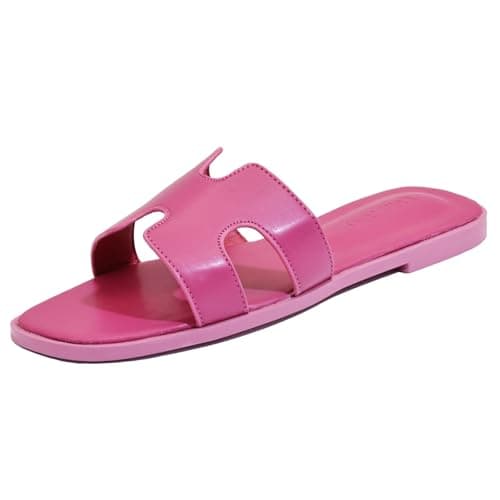 Image of Women's Flat Sandals, Ladies Slip on Leather Slippers, Comfy Dressy Flat Shoes Elegant Slides Summer Fall Cute Open Toe Casual (Rose Pink, Adult, Women, 4, Numeric, UK Footwear Size System, Medium)