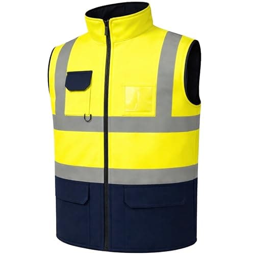Image of GM WORKWEAR Hi-Vis Reversible Waterproof Fleece Bodywarmer Gilet Waistcoat – High Visibility Safety Vest – Orange/Navy, Yellow/Navy, Orange/Yellow – S to 4XL