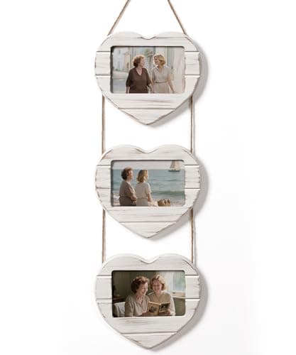 Image of Afuly Picture Frames 6x4 3 Photo Frame Triple Multi Photo Frames For Wall Heart Picture Frame Wooden Rustic Family Frame With Rope Hanging Birthday Christmas Gifts For Her Women Mum Couple Family